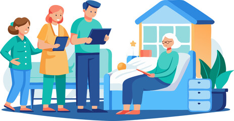 Isometric vector of a home healthcare visit: a nurse with a tablet updating patient records while standing by a bedroom, with family members listening.