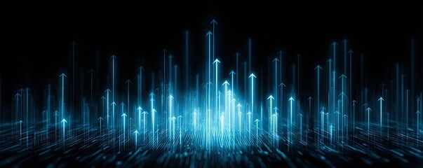 Glowing blue arrows ascend from a dark plane, suggesting growth, progress, or technological advancement