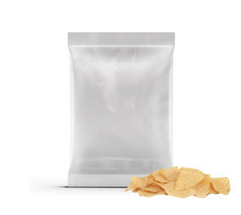 A clear plastic bag with a pile of snack chips beside it, showcasing food packaging design.