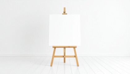 Wooden easel with blank paper white canvas in white empty studio interior - 3d rendering