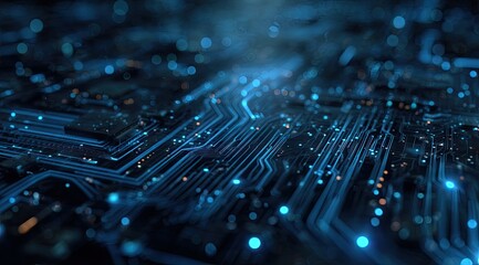 Glowing blue circuit board with intricate pathways and nodes, showcasing technological complexity and digital connectivity