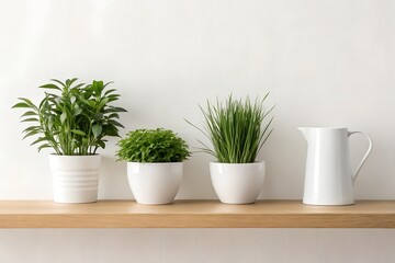 Fototapeta premium Indoor Plants on Wooden Shelf Minimalist Home Decor Inspiration