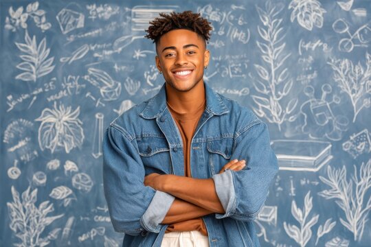 Confident young man in denim jacket with education concept background design