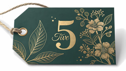 Elegant green and gold floral tag with number five for gift wrapping and decoration purposes design