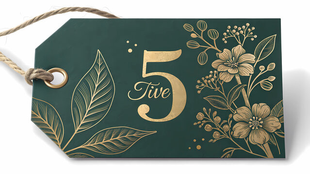 Elegant green and gold floral tag with number five for gift wrapping and decoration purposes design