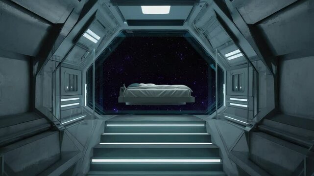 Discover a stunning zero-gravity suite featuring floating bed and a transparent wall revealing breathtaking views of distant stars. Perfect for future interplanetary travel