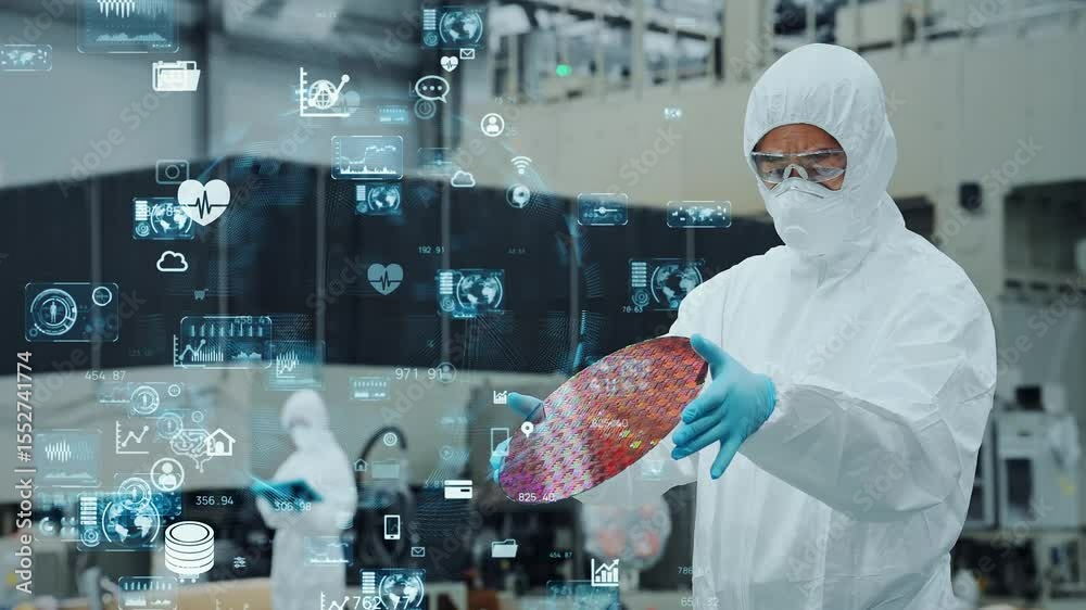 Poster digital technology concept with worker in protective suit inspecting semiconductor wafer in factory