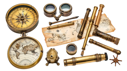 Antique Nautical Instruments Display on the Transparent Background