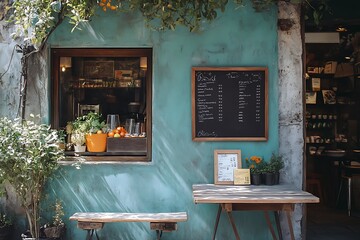 Charming Teal Cafe Exterior with Fresh Produce and Menu Board Inviting Customers