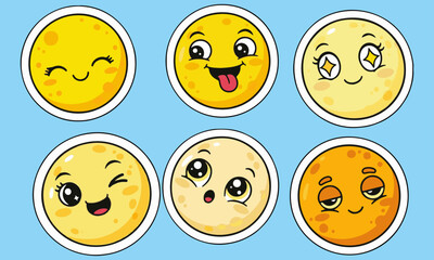  Cheerful Yellow Emoticon Stickers, emoticon stickers with white outlines and various happy facial expressions,perfect for adding a touch of fun in digital communication