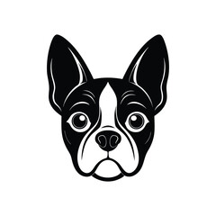 A black and white tattoo art silhouette illustration of a Boston Terrier face.eps