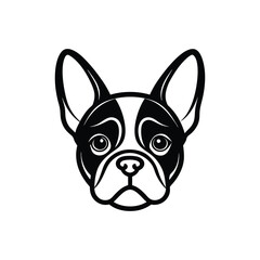 A black and white tattoo art silhouette illustration of a French Bulldog face.eps