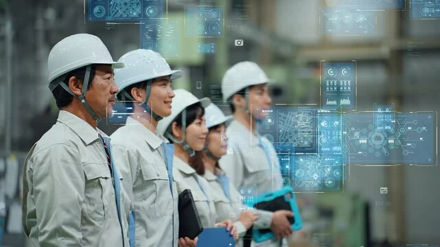 工場に並ぶ作業員グループとデジタルテクノロジーのコンセプト