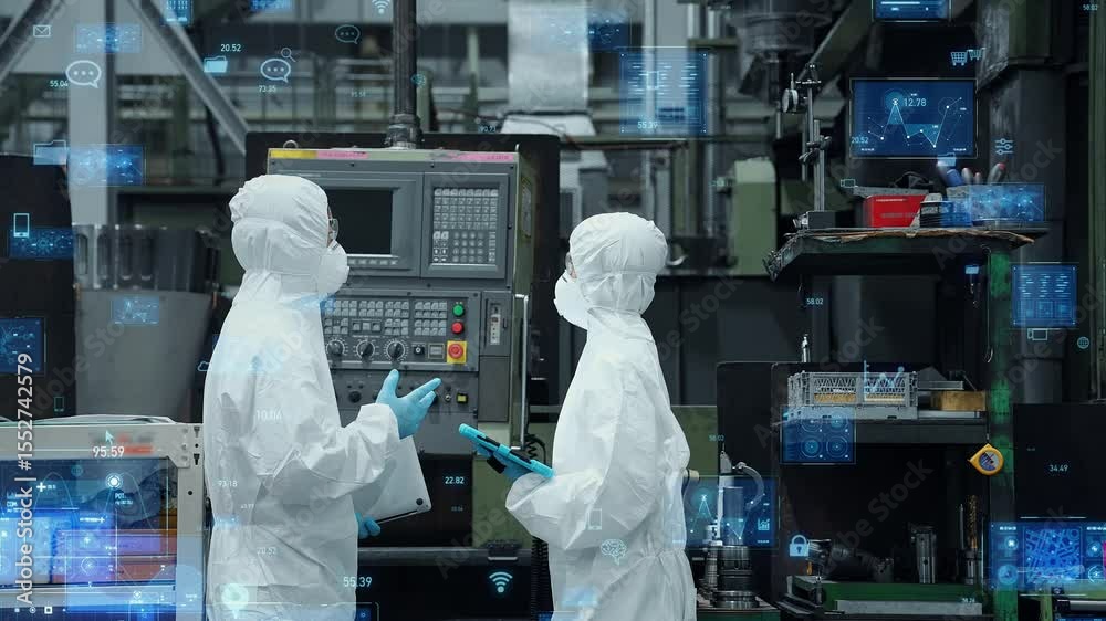 Aufkleber Group of engineers in dustproof suits operating machines in factory and digital data concept