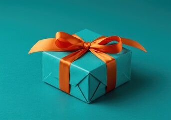 Fototapeta premium A teal gift box with an orange ribbon and bow isolated on a teal background