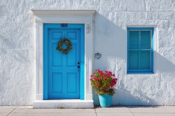 Fototapeta premium Bright blue door and window framed by white stucco walls, adorned with a wreath and potted flowers, bathed in sunlight