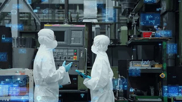 Group of engineers in dustproof suits operating machines in factory and digital data concept