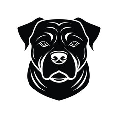 A black and white tattoo art silhouette illustration of a Rottweiler face.eps