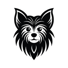 A black and white tattoo art silhouette illustration of a Yorkshire Terrier face.eps
