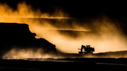 Massive excavator in open-pit mine with tiered earth mounds, golden dust cloud illuminated by warm sunlight, dramatic silhouette contrast.