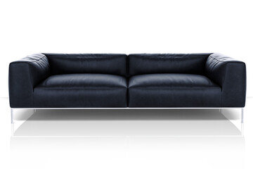 A modern black leather sofa with a minimalist design, suitable for contemporary living spaces.