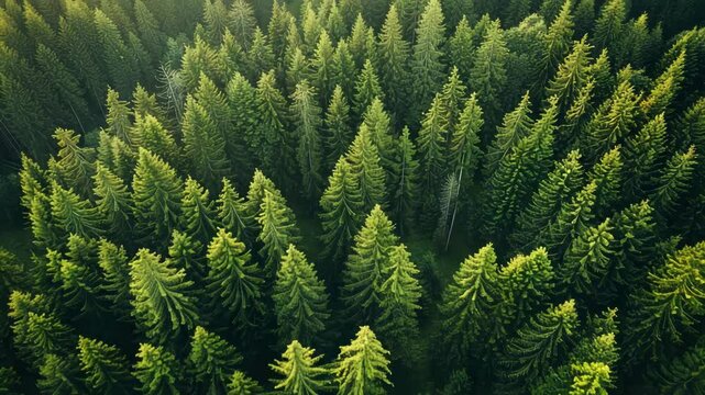 Forest Canopy, Aerial view of dense green pine forest, showcasing nature's vastness.