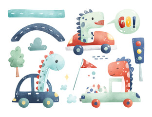 Watercolor Illustration Set of Dinosaurs in Car and Street Elements