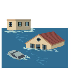 Flooded city scene illustration with submerged buildings, houses, and cars