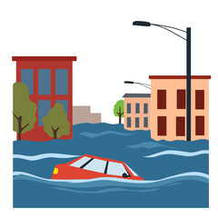 Flooded city scene illustration with submerged buildings, houses, and cars