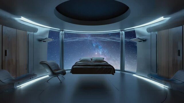 Enter a luxurious zero-gravity suite featuring floating bed and a transparent wall displaying breathtaking views of the cosmos, ideal for interplanetary travelers