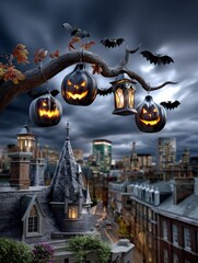 Black Jack-o'-Lanterns and Lanterns Hanging Over Urban Rooftops

