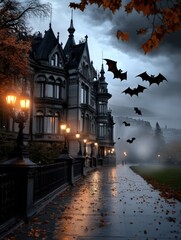 Gothic Street with Glowing Lanterns and Flying Bats