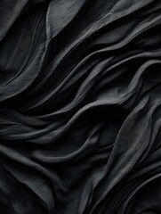 Fototapeta premium Dark, charcoal-grey fabric with deep, undulating folds and creases creating a dramatic, textured surface