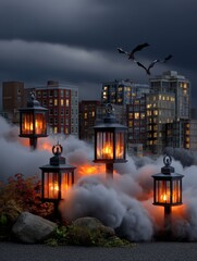 Lanterns glowing in smoke with flying bats over city buildings at night