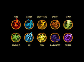 set of fantasy medieval button magic elemental symbol with fire, water, lightning, earth, wind, plant, ice, sun, darkness, spirit icon