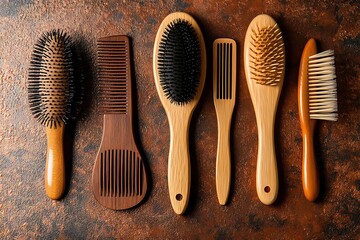 Assortment of wooden and bristle hair brushes and combs arranged on a textured surface