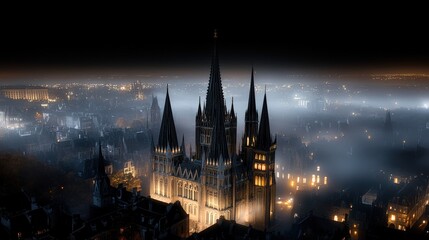 Gothic cathedral illuminated at night in foggy medieval city