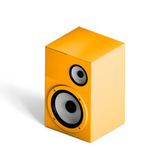 A vibrant yellow speaker designed for audio playback, featuring a large woofer and a smaller...