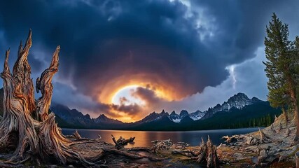 Dramatic sunset over mountains with swirling storm clouds and lightning. - Powered by Adobe