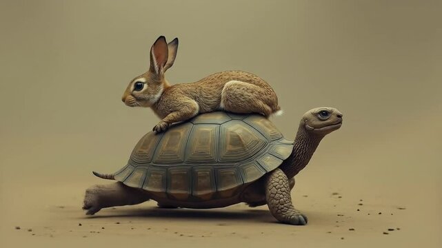 Rabbit Riding on Turtles Back in Simple Studio Setting