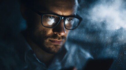 Fototapeta premium A tense businessman peers through glasses as a storm brews on his mobile phone screen long title A serious looking professional intently examines