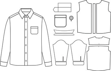 Men long sleeves shirt flat sketch vector illustration templet drawing mock up design