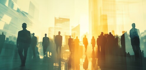 Urban Silhouette:  Business Professionals Walking Towards Sunrise