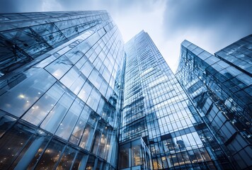 Fototapeta premium Modern glass skyscrapers viewed from below.