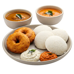 Sambar Vada and Idli served with sambar, coconut chutney, and red tomato chutney in ceramic bowls, shown from the front against a white background.

