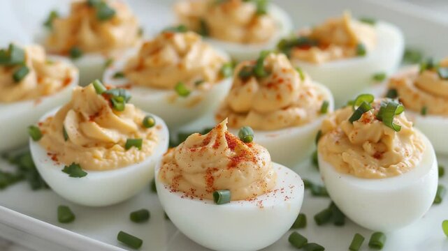 Delicious deviled eggs garnished with paprika and herbs on a serving tray