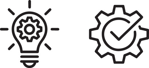 Outlined Lightbulb with Gear and Gear with Checkmark representing Innovation, Technology, Problem Solving, Progress, Efficiency, and Solutions