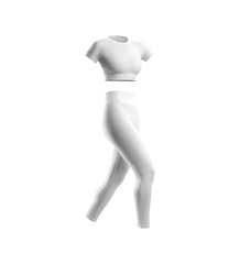 A white athletic outfit consisting of a crop top and leggings, designed for fitness and active wear.