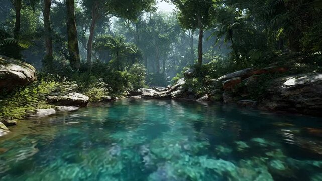 Serene turquoise pool nestled in a lush green jungle, sunlight filtering through the dense canopy. Rocks and tropical plants frame the tranquil scene.