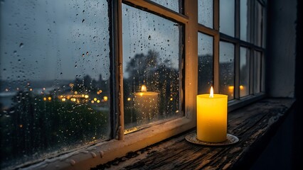Yellow Candlelight Reflecting in Rainy Window at Night 
